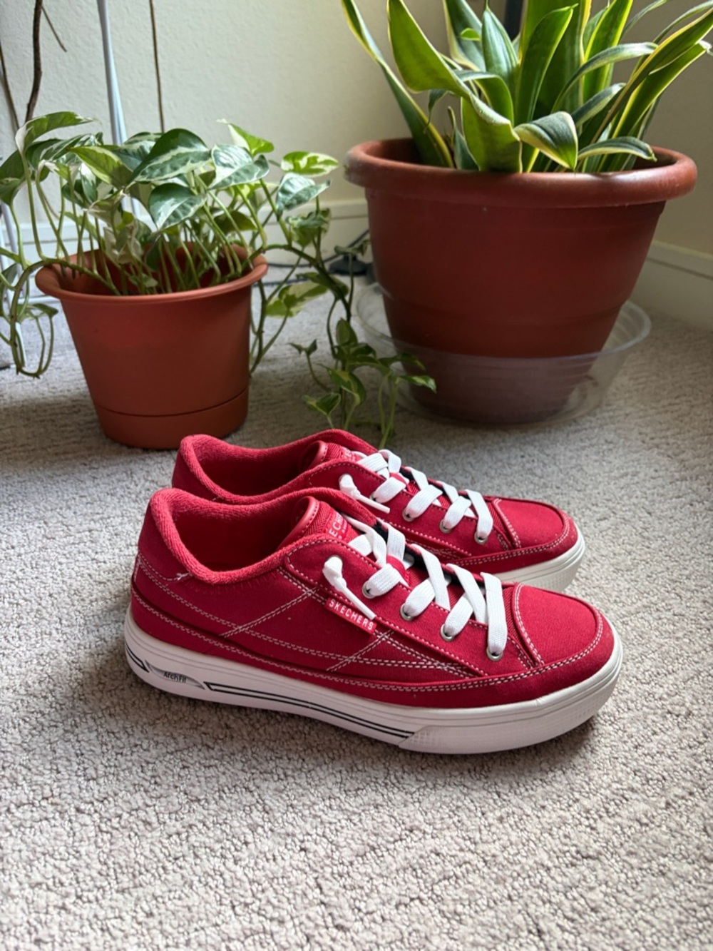 Skechers Women's Red Canvas Low-Top Sneakers with White Sole